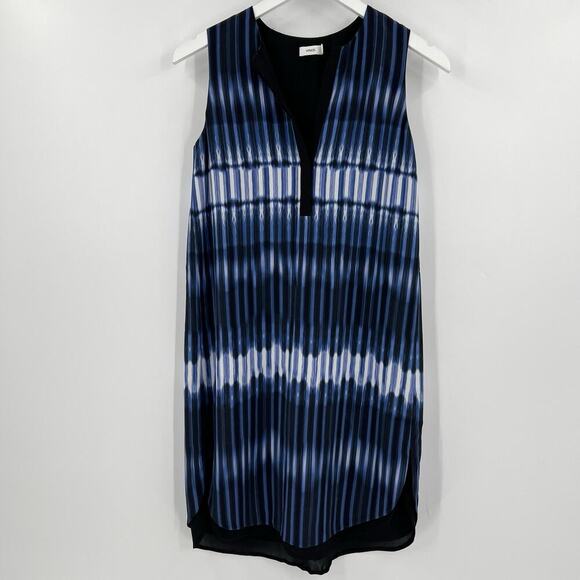 Vince 100% Silk Blue Black Tie Die Layered Shift Dress Split Neckline Size XS - Picture 2 of 9